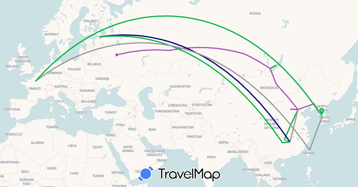 TravelMap itinerary: driving, bus, plane, train in China, France, South Korea, Mongolia, Russia, Taiwan (Asia, Europe)