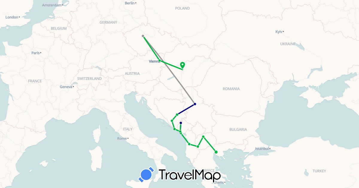 TravelMap itinerary: driving, bus, plane in Albania, Austria, Bosnia and Herzegovina, Czech Republic, Greece, Croatia, Hungary, Montenegro, Macedonia, Serbia (Europe)
