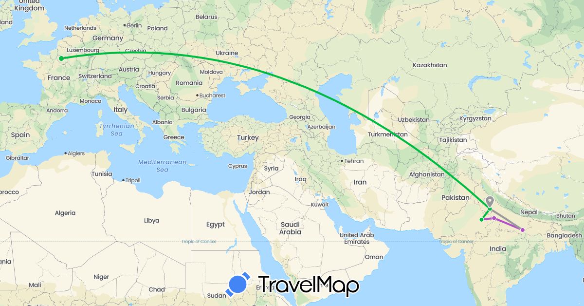 TravelMap itinerary: bus, plane, train in France, India (Asia, Europe)